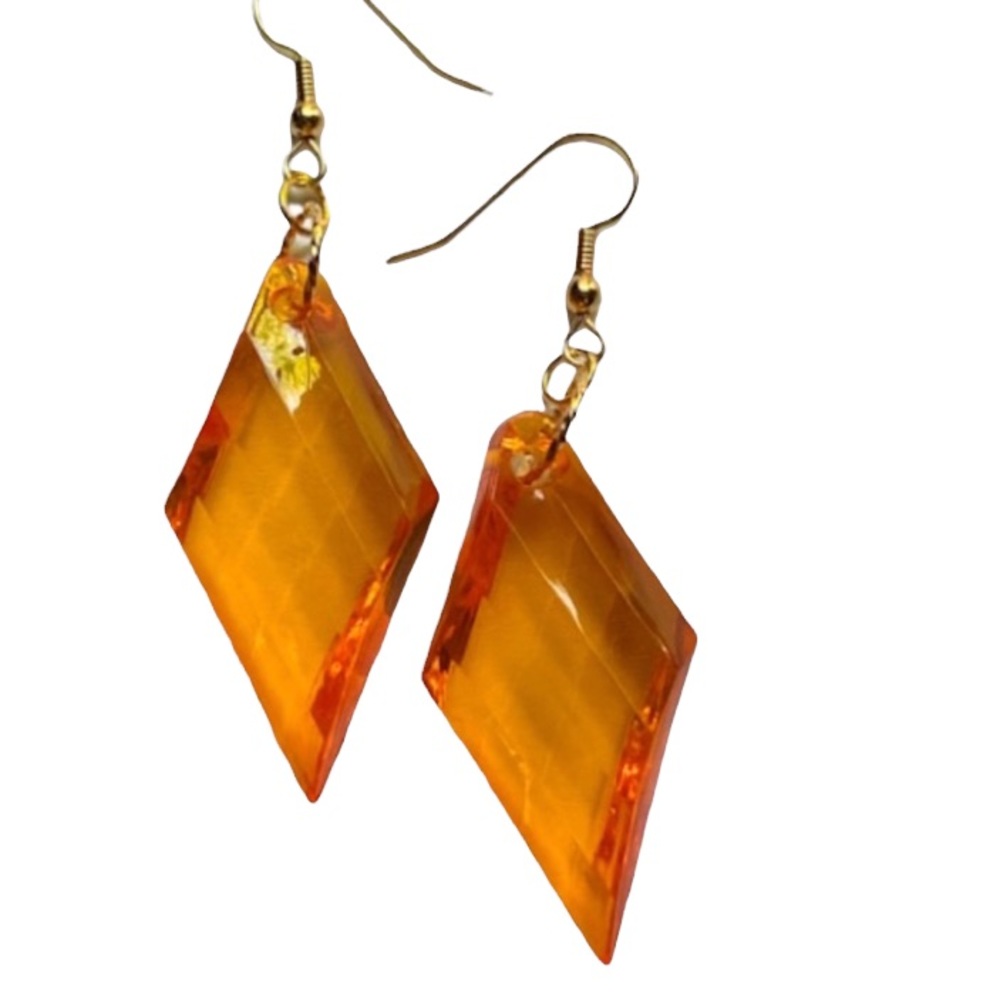 HAND CRAFTED Earrings Orange Gold Dangle Long Pierced Diamond Acrylic Retro